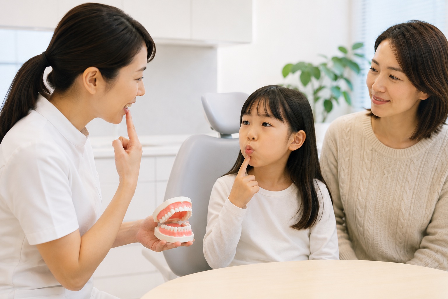 お子様の口腔筋機能療法（MFT）の訓練を行う歯科衛生士