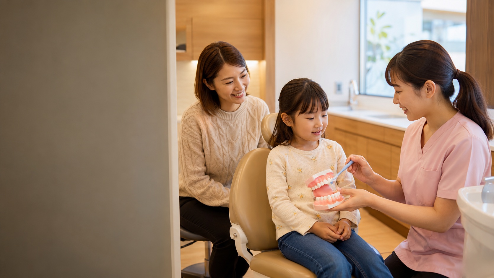 歯科衛生士がお子様と一緒に口腔機能訓練（MFT）を行う様子