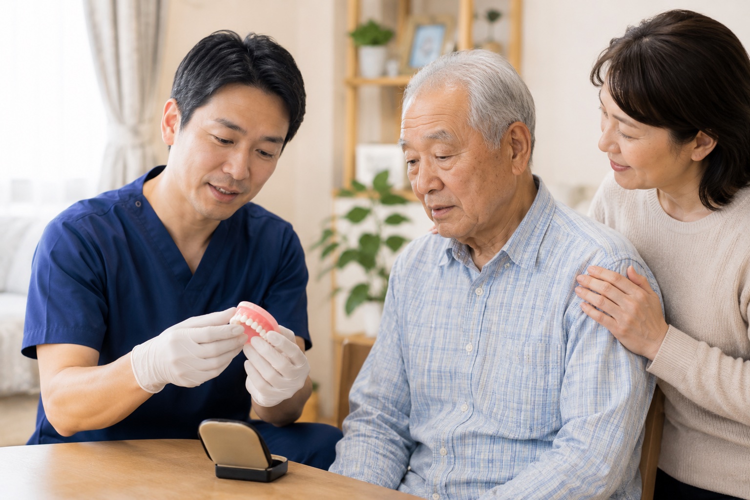 訪問先で入れ歯の調整・お手入れ説明を行う歯科衛生士